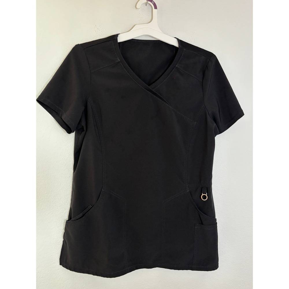 Barco One Womens Scrub Top Black V-Neck Short Sleeve Pockets Size M RN 93643